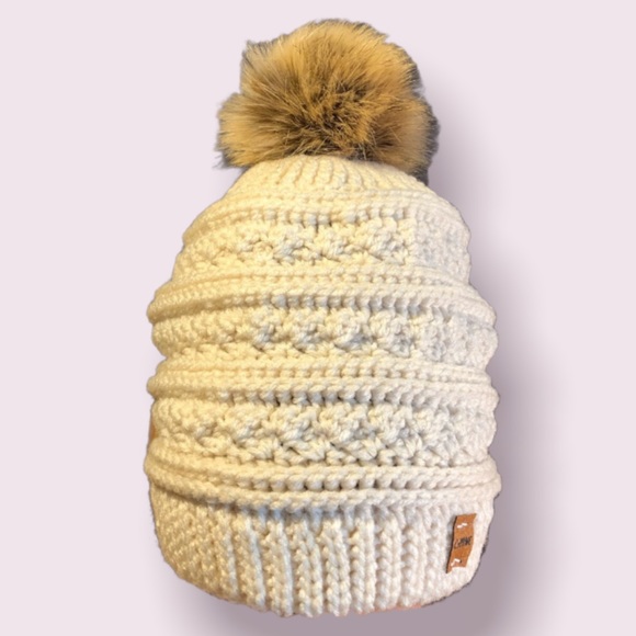 Beige Slouchy Beanie Loose Fit Winter Hat w/ Faux Fur PomPom - Picture 3 of 7